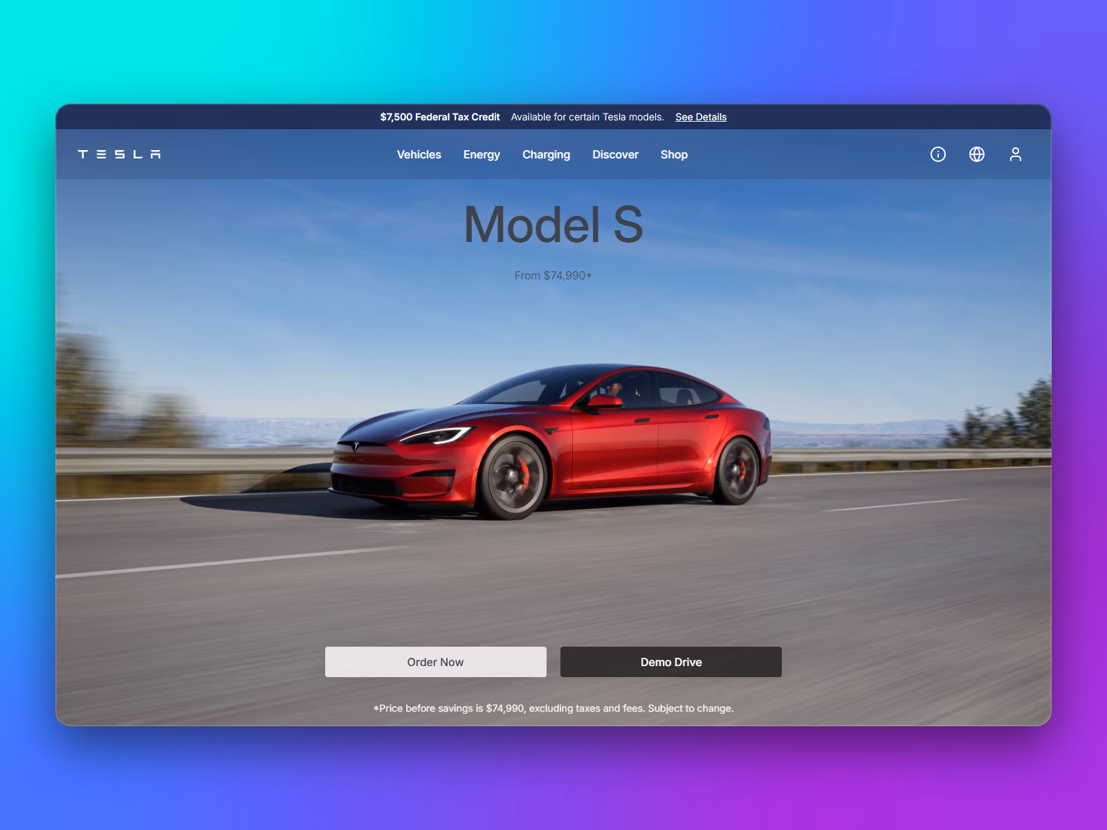 Full-screen Model S section with Order Now and Demo Drive buttons