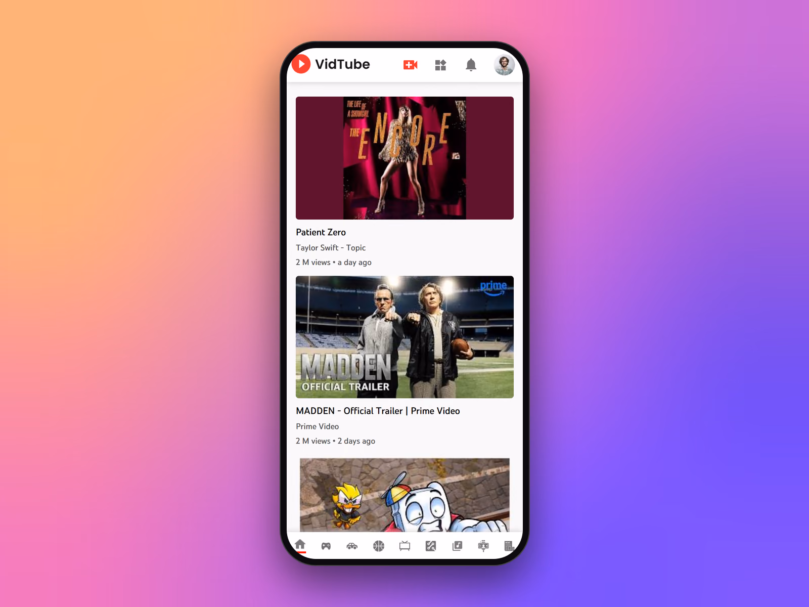 ViteTube video feed on a phone, with a bottom category bar